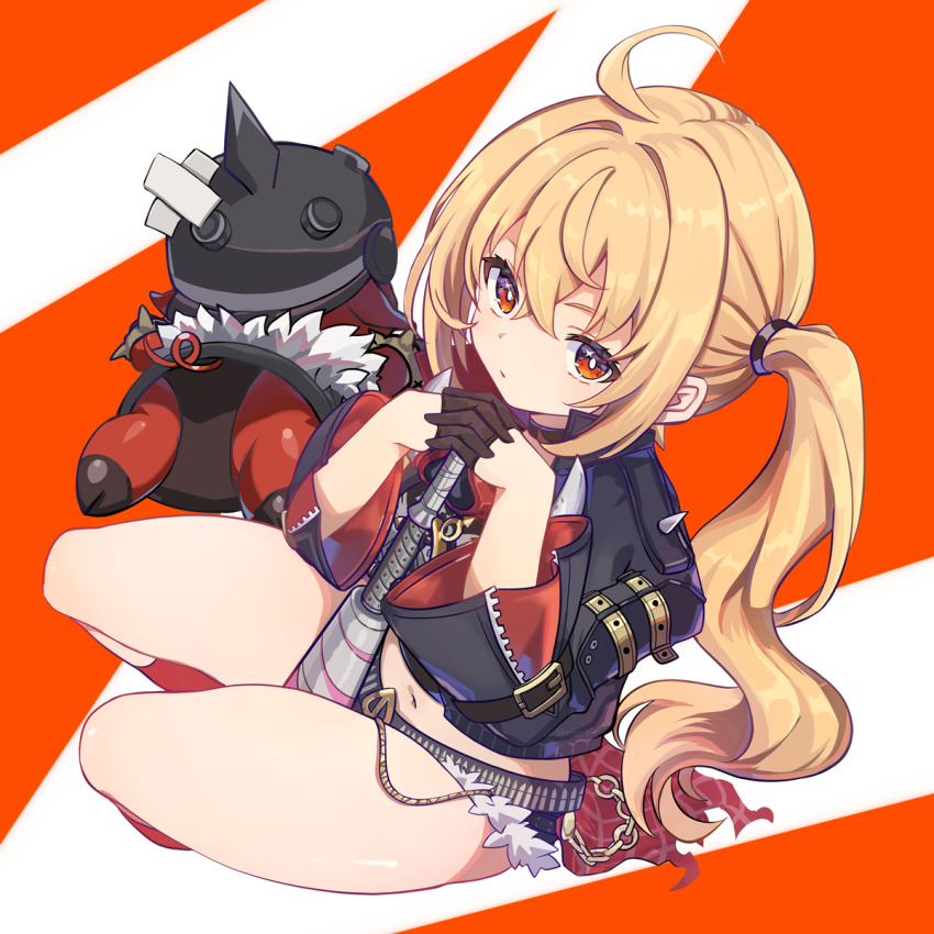 1girl, ahoge, baseball_bat, black_gloves, black_jacket, black_shirt, black_shorts, blonde_hair