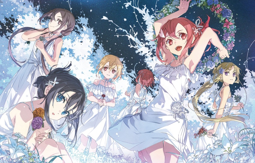 6+girls, blonde_hair, blue_eyes, bunbun, dress, field, flower, flower_field