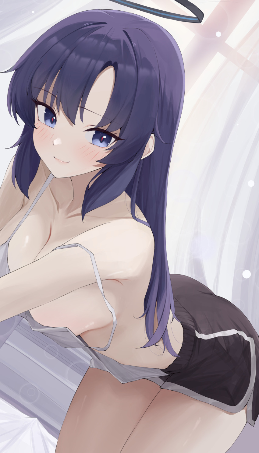 1girl, absurdres, all_fours, bed_sheet, black_shorts, blue_archive, blue_eyes, breasts