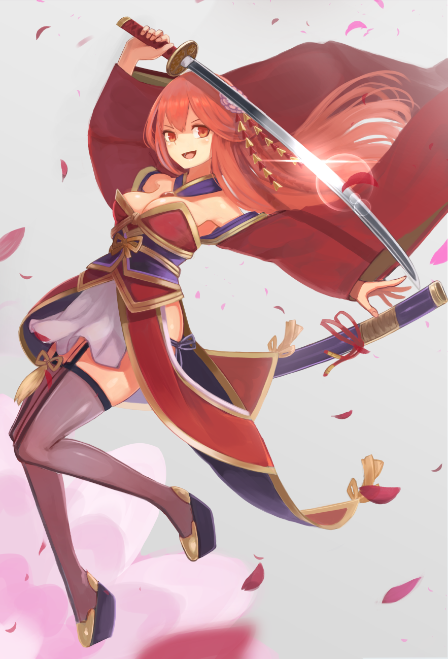 1girl, arm_up, commentary_request, cropped_kimono, detached_collar, detached_sleeves, falling_petals, floating_hair