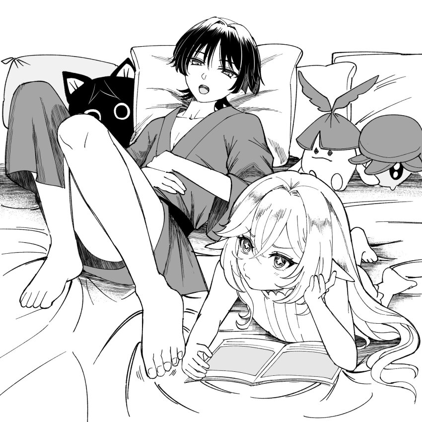 1boy, 1girl, aranara_(genshin_impact), bare_legs, barefoot, blunt_ends, book, caramelo_game, collarbone, cross-shaped_pupils, genshin_impact, hair_between_eyes, hand_in_own_hair, hetero, highres, japanese_clothes, light_blush, long_hair, long_sleeves, looking_at_another, lying, monochrome, nahida_(genshin_impact), on_back, on_stomach, parted_bangs, pillow, pointy_ears, scaramouche_(cat)_(genshin_impact), scaramouche_(genshin_impact), single_bare_leg, sleepwear, stuffed_animal, stuffed_toy, symbol-shaped_pupils, wide_sleeves