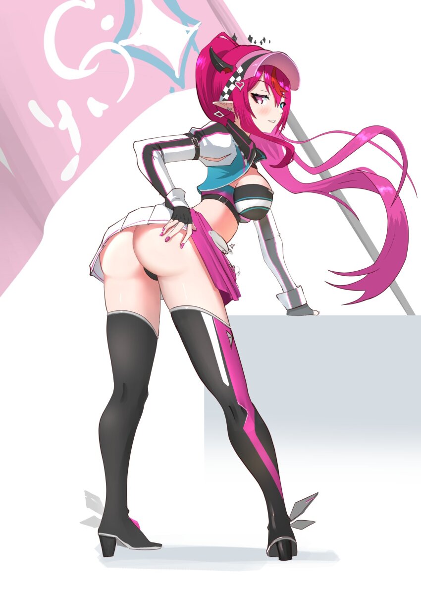1girl, breasts, angelchama, ass, black_gloves, black_panties, blush, fingerless_gloves, gloves, halo, heterochromia, highres, hololive, hololive_english, horns, irys_(hololive), irys_(race_queenrys)_(hololive), large_breasts, long_hair, looking_at_viewer, miniskirt, multicolored_hair, nail_polish, official_alternate_costume, panties, pink_nails, pointy_ears, ponytail, purple_hair, race_queen, red_hair, sideboob, simple_background, skirt, solo, thighhighs, two-tone_hair, underwear, virtual_youtuber