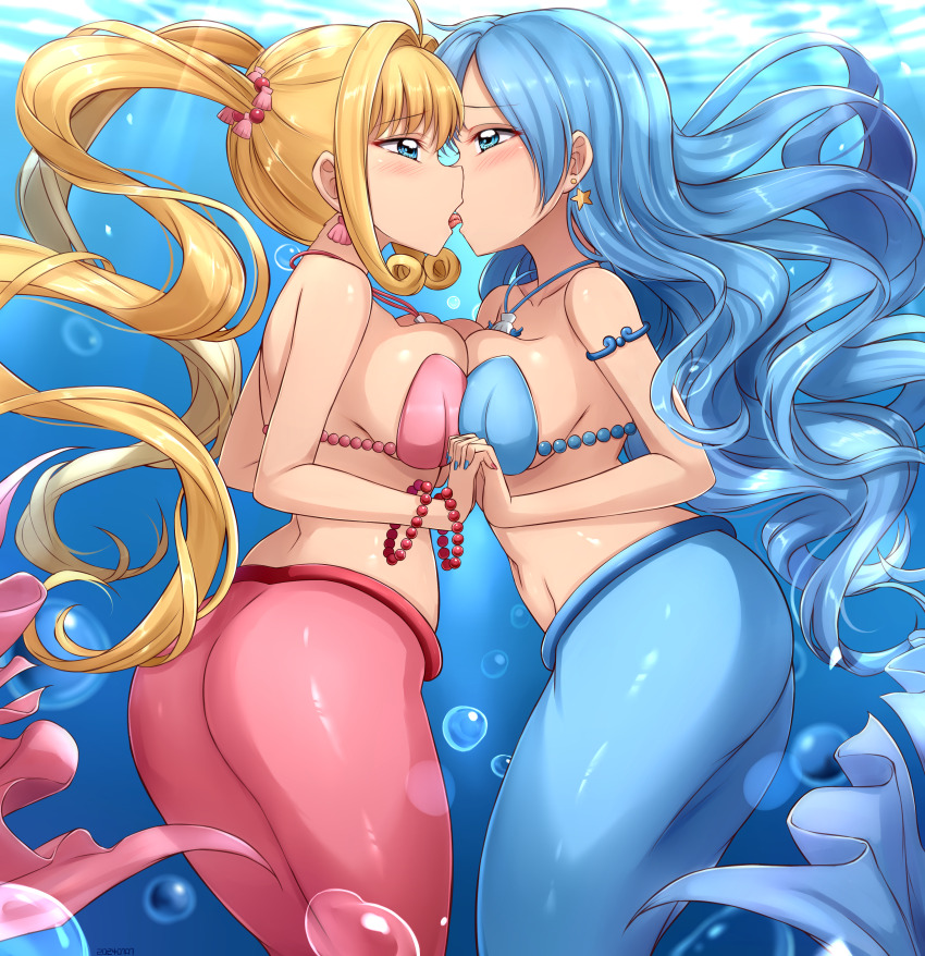 2girls, absurdres, ahoge, air_bubble, armlet, ass, bare_shoulders, bikini, blonde_hair, blue_eyes, blue_hair, blue_nails, blush, bracelet, breast_press, breasts, bubble, cleavage, collarbone, commentary, curly_sidelocks, earrings, eye_contact, french_kiss, groin, hair_between_eyes, hair_intakes, hair_ornament, highres, houshou_hanon, houshou_hanon_(mermaid), interlocked_fingers, jewelry, kiss, large_breasts, long_hair, looking_at_another, mamono_with_mamono, merfolk, merfolk_with_merfolk, mermaid, mermaid_melody_pichi_pichi_pitch, monster_girl, multiple_girls, nail_polish, nanami_lucia, nanami_lucia_(mermaid), navel, necklace, open_mouth, pearl_bracelet, pink_nails, shell, shell_bikini, shell_earrings, shell_hair_ornament, shell_necklace, sidelocks, skywalker0610, star_(symbol), star_earrings, stomach, swimsuit, symmetrical_docking, tongue, tongue_out, twintails, underwater, very_long_hair, yuri