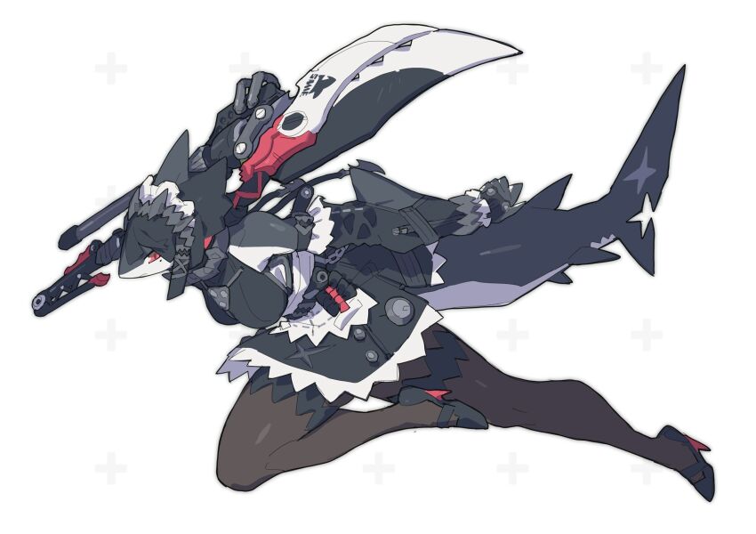 1girl, black_dress, black_skin, breasts, colored_skin, detached_sleeves, dress, ellen_joe