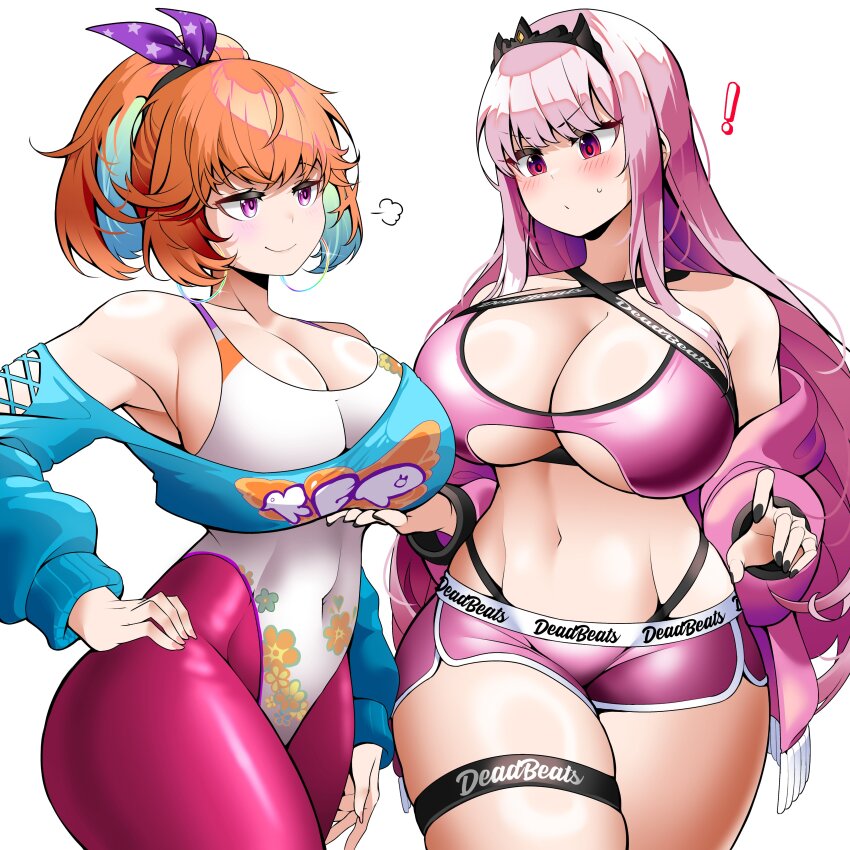 !, 1980s_fashion, 2girls, absurdres, alternate_costume, arm_at_side, armpit_peek, bare_shoulders