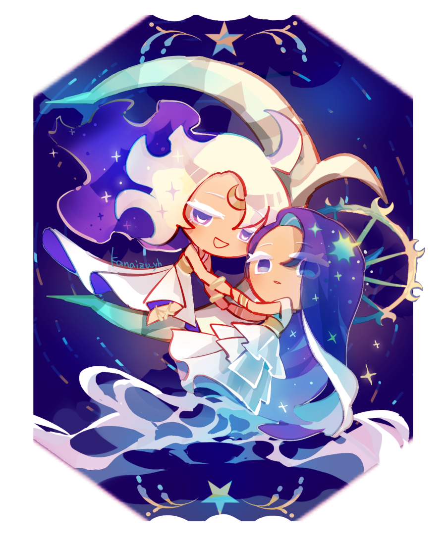 2girls, ahoge, artist_name, bare_arms, bare_shoulders, belt, blonde_hair, blue_hair