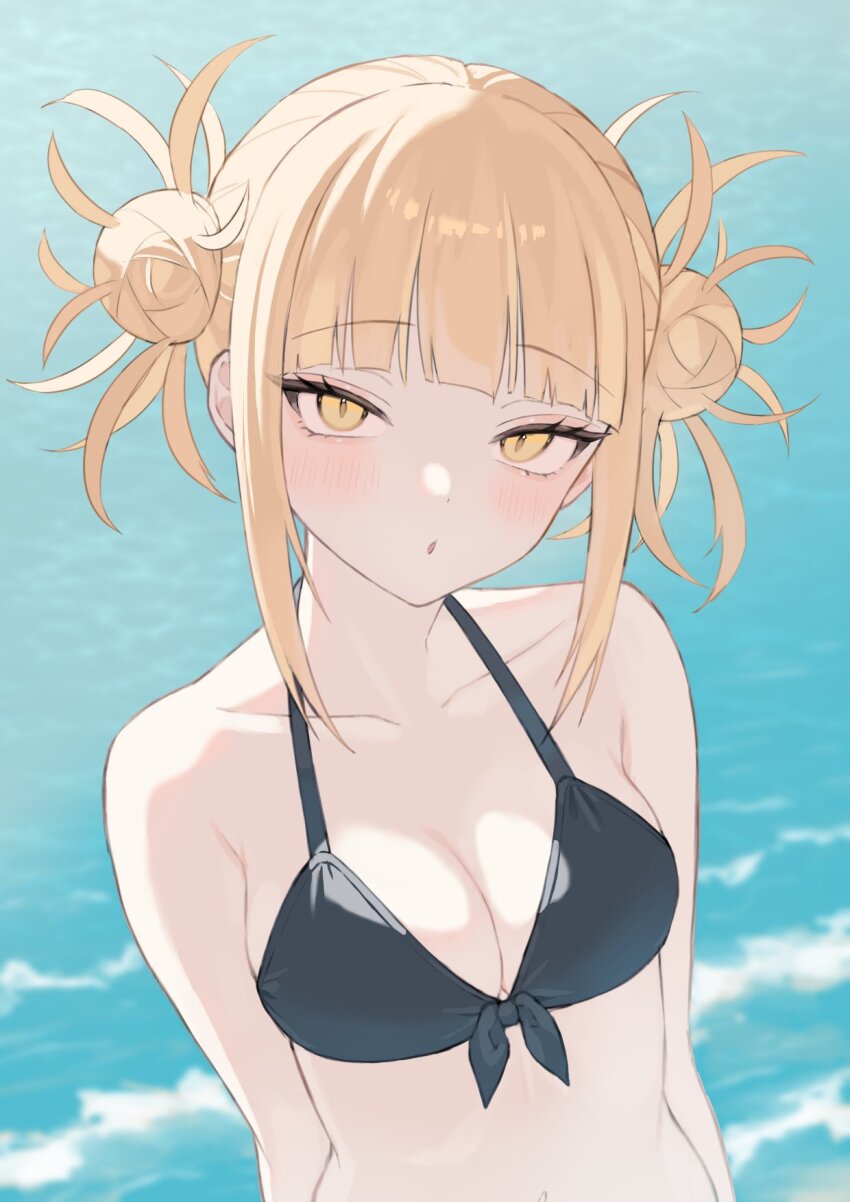 1girl, blonde_hair, blunt_bangs, blush, boku_no_hero_academia, breasts, double_bun, hair_bun