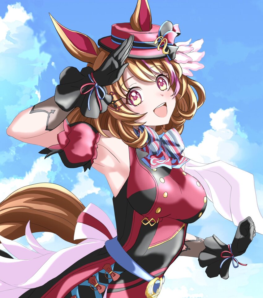 animal_ears, breasts, brown_hair, cloud, cloudy_sky, commentary_request, gloves, hair_ornament