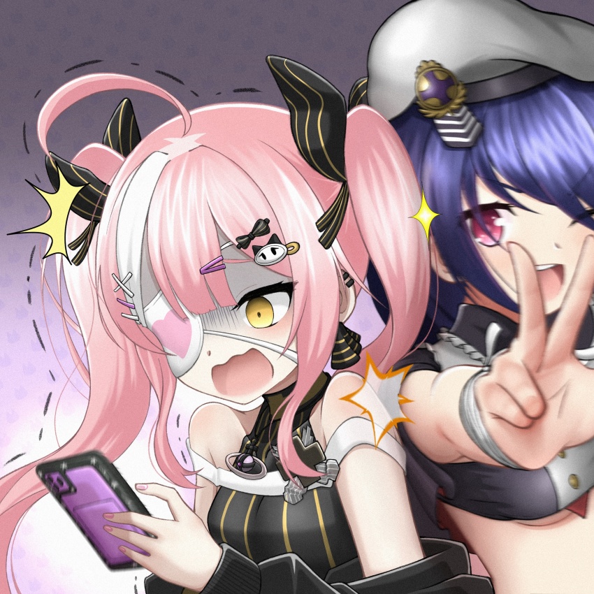 2girls, ;d, absurdres, axelsworks, azur_lane, bare_shoulders, blue_hair, blush
