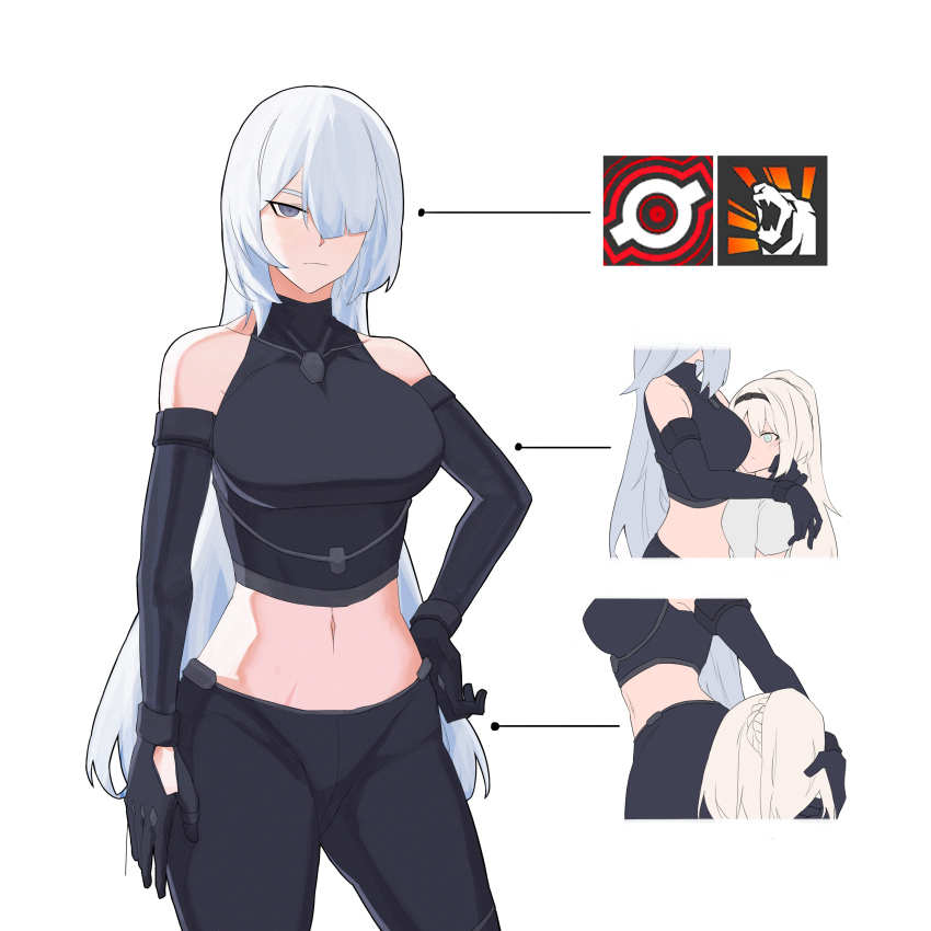 2girls, absurdres, ak-15_(girls'_frontline), an-94_(girls'_frontline), an-94_(mod3)_(girls'_frontline), aqua_eyes, black_hairband, black_pants, blonde_hair, breasts, closed_mouth, commentary, english_commentary, girls'_frontline, hair_over_one_eye, hairband, hand_on_own_hip, highres, hug, long_hair, looking_at_viewer, meme, midriff, multiple_girls, multiple_views, navel, pants, purple_eyes, simple_background, variasii, white_background, yuri