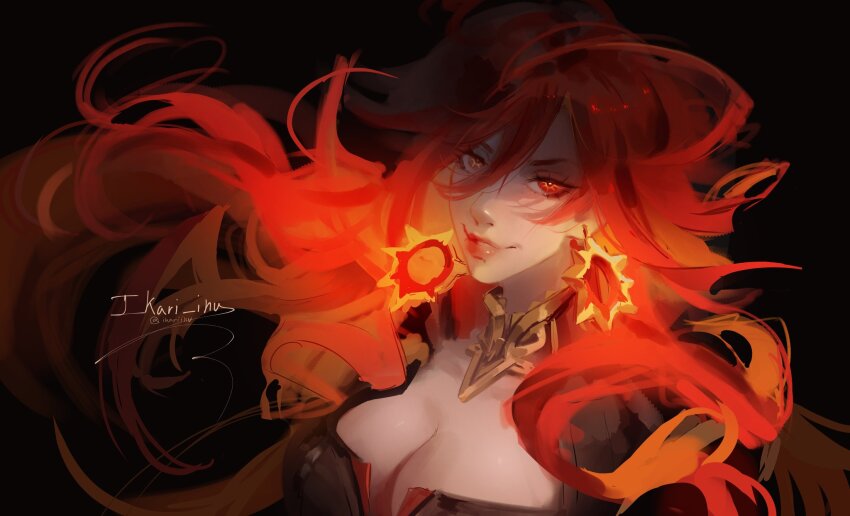 1girl, artist_name, black_background, breasts, cleavage, earrings, genshin_impact, highres, ikari_inu, jewelry, large_breasts, long_hair, looking_at_viewer, mavuika_(genshin_impact), red_eyes, red_hair, smile, solo, twitter_username, very_long_hair