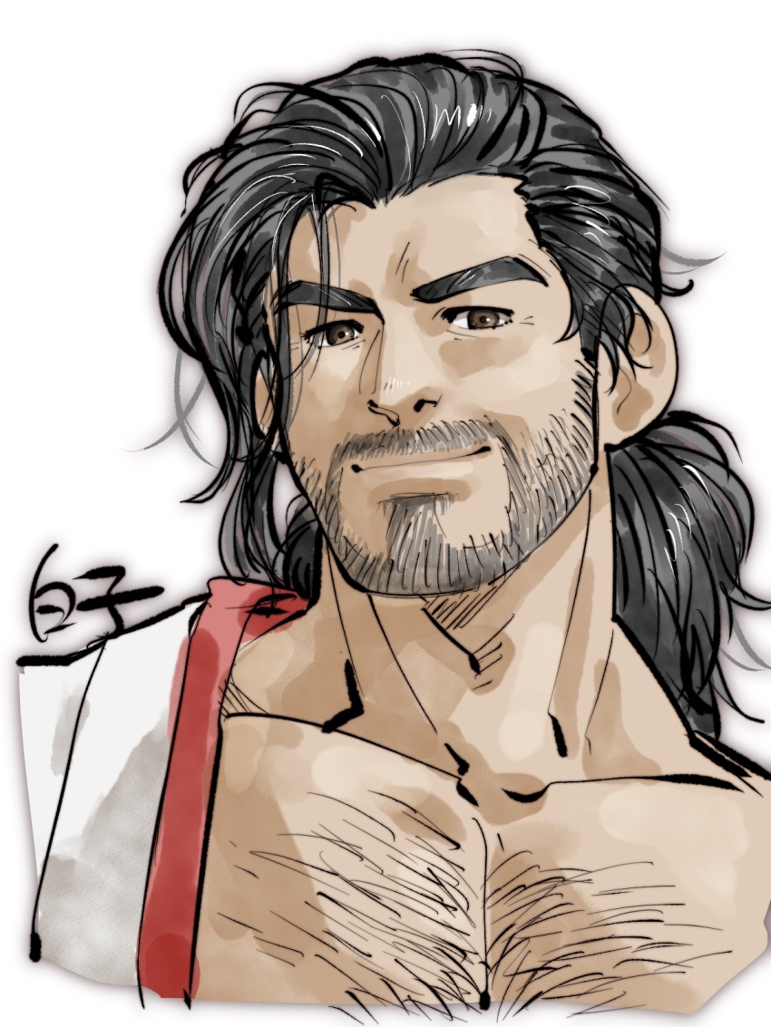 1boy, bara, beard, beard_stubble, brown_hair, connected_beard, cropped_torso, facial_hair