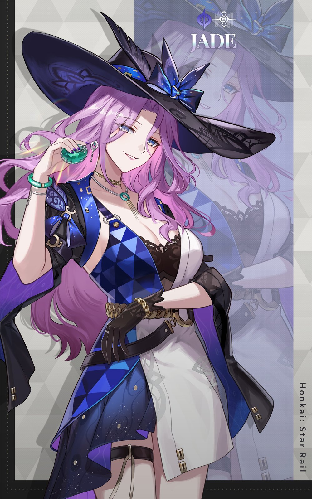 1girl, black_gloves, black_hat, breasts, character_name, cleavage, dress, eyes_visible_through_hair