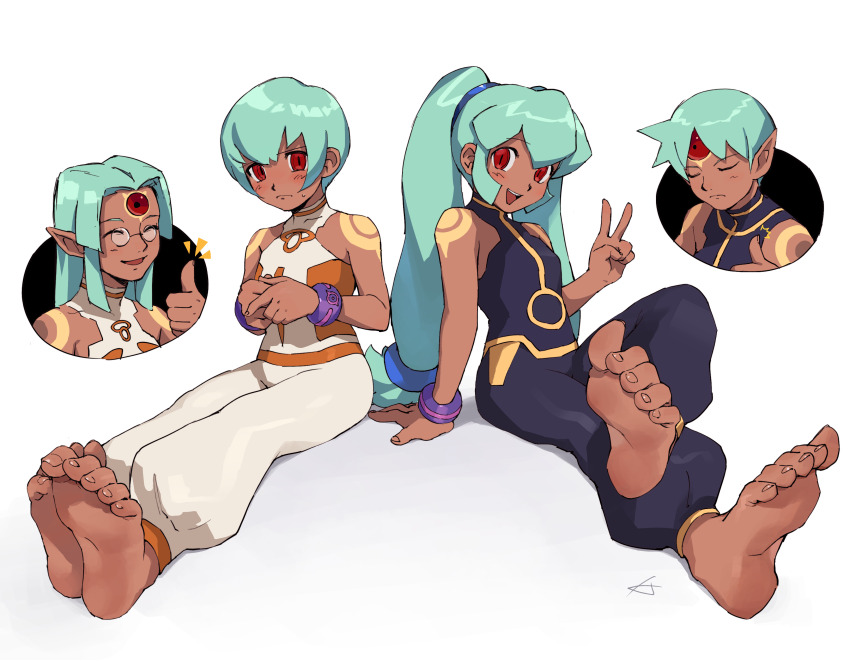 2boys, 2girls, absurdres, alternate_universe, armlet, baggy_pants, barefoot, closed_eyes