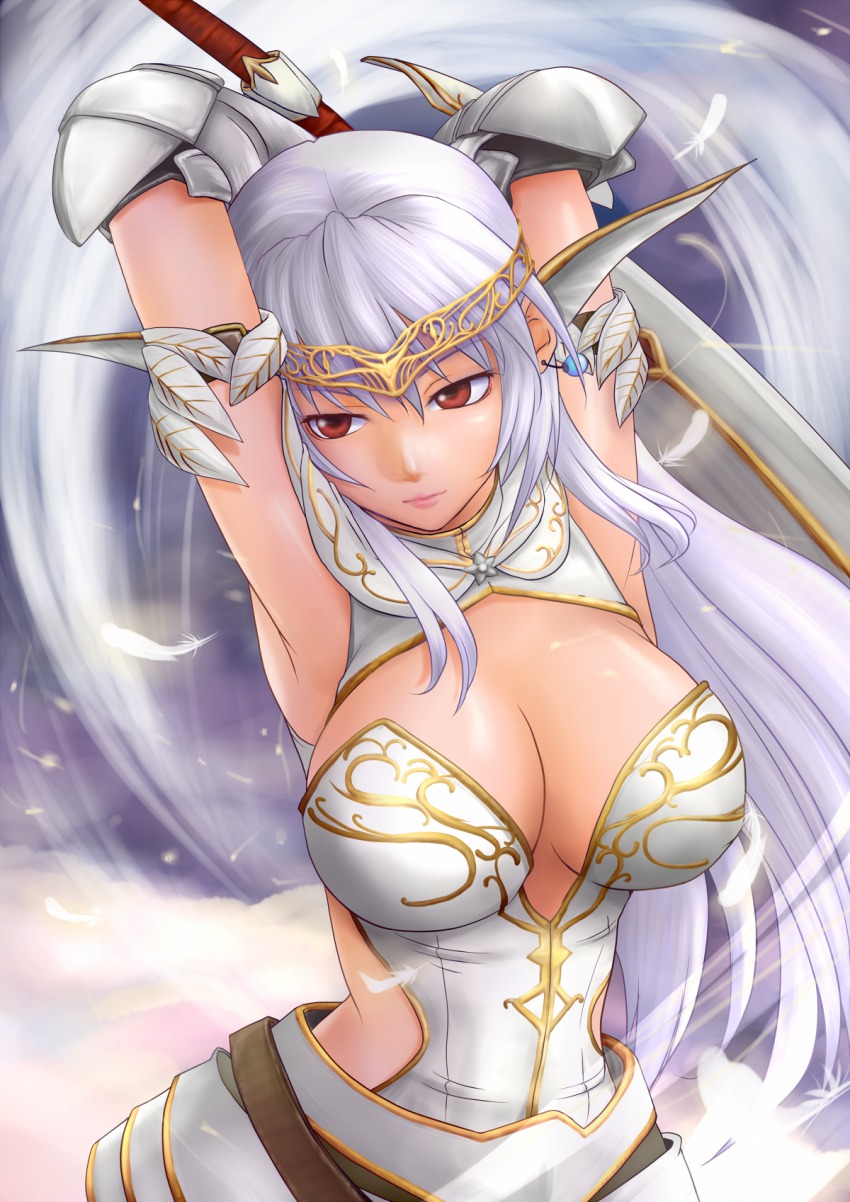 1girl, armor, armpits, arms_behind_head, breasts, brown_eyes, buran_(armor), capcom, circlet, cleavage, feathers, female_focus, haneori, highres, large_breasts, long_hair, monster_hunter_(series), monster_hunter_frontier, silver_hair, solo, sword, weapon