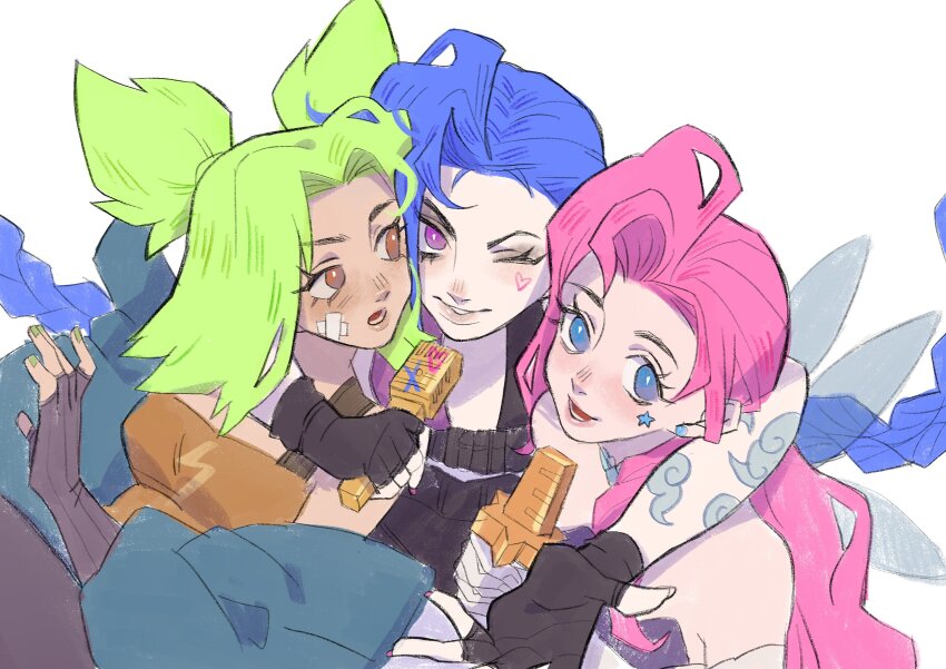 3girls, absurdres, arm_around_neck, arm_tattoo, asymmetrical_bangs, bandaid, bandaid_on_face, bare_shoulders