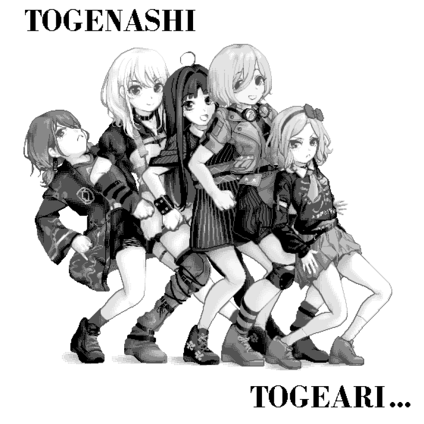 5girls, ahoge, album_cover_redraw, awa_subaru, blush, boots, bow, bracelet