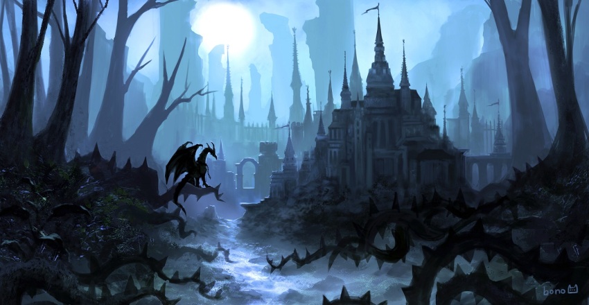 artist_name, bare_tree, bono_(bonobo0088), building, castle, city, commentary, dragon