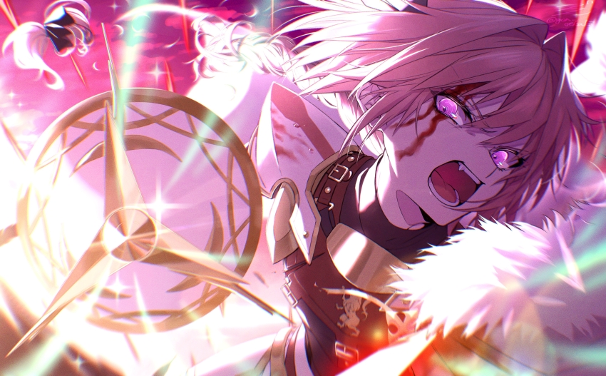 1boy, absurdres, angry, astolfo_(fate), astolfo_(rider)_(fate), blood, blood_on_face, braid, fang, fate/grand_order, fate_(series), fur_trim, gon_oekaki, highres, looking_at_object, open_mouth, pink_hair, purple_eyes, short_hair, solo, sparkle, tagme