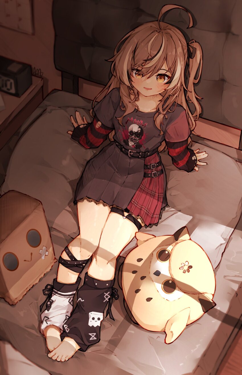 1girl, ahoge, alarm_clock, barefoot, belt, brown_eyes, brown_hair, clock