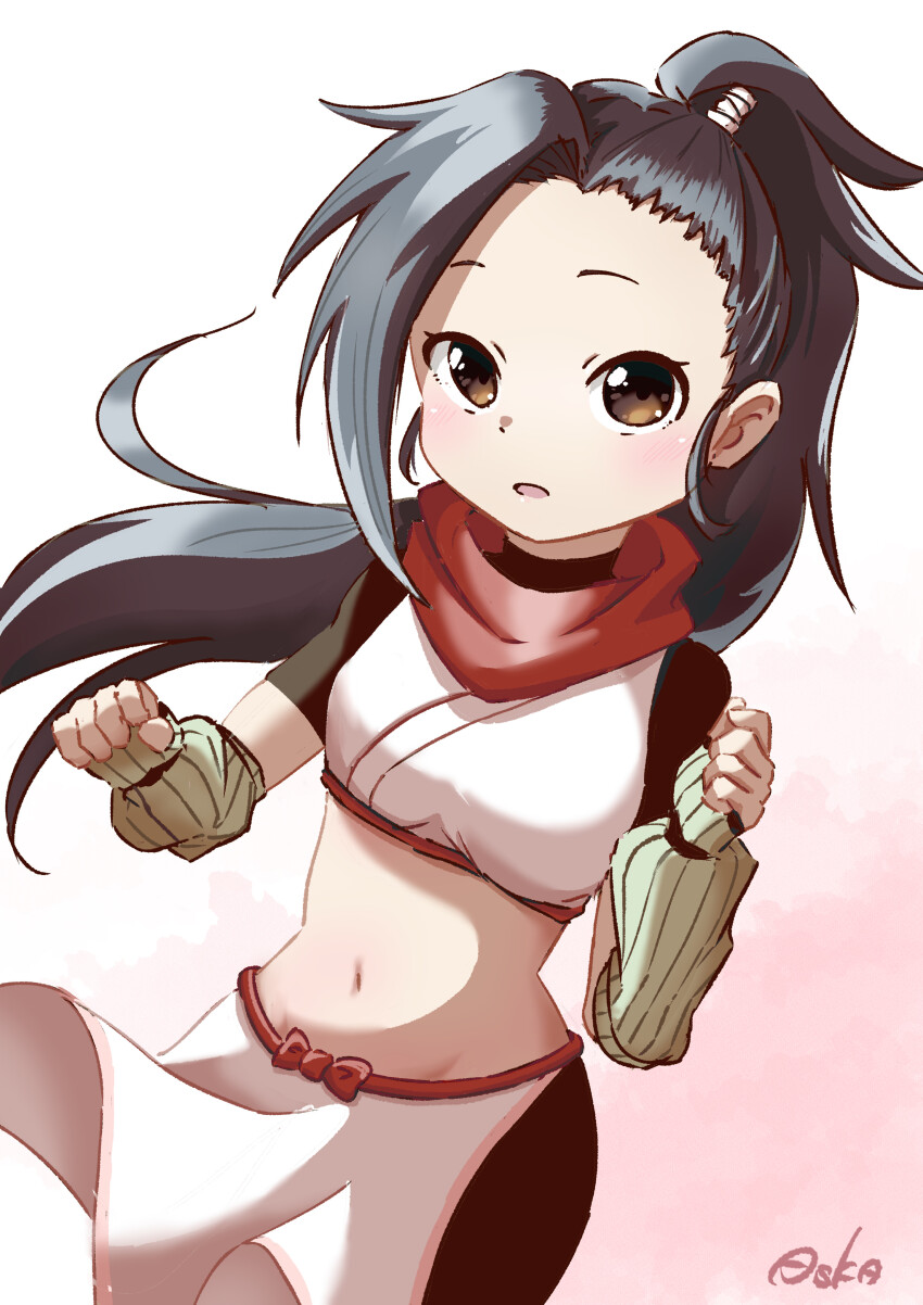 1girl, absurdres, arm_warmers, artist_name, asuka_(pixiv82529874), bike_shorts, black_hair, brown_eyes, commentary_request, gradient_background, high_ponytail, highres, kunoichi_tsubaki_no_mune_no_uchi, midriff, navel, neck_warmer, ninja, partial_commentary, pink_background, ponytail, solo, tsubaki_(kunoichi_tsubaki_no_mune_no_uchi), white_background