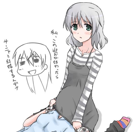 2girls, blush, casual, eila_ilmatar_juutilainen, hakusen-hiki, multiple_girls, sanya_v._litvyak, short_hair