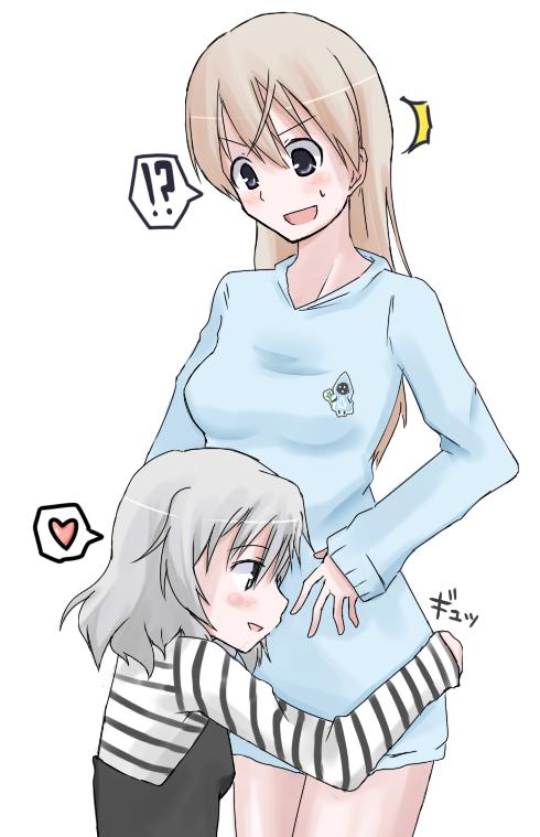 2girls, bare_legs, blonde_hair, blue_eyes, blush, casual, eila_ilmatar_juutilainen, green_eyes