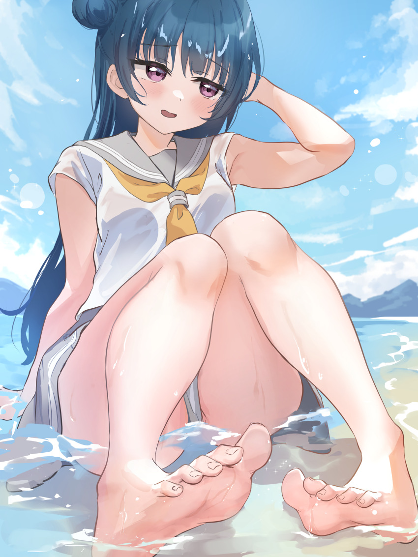 1girl, absurdres, blue_hair, hair_bun, highres, looking_at_viewer, love_live!, love_live!_sunshine!!