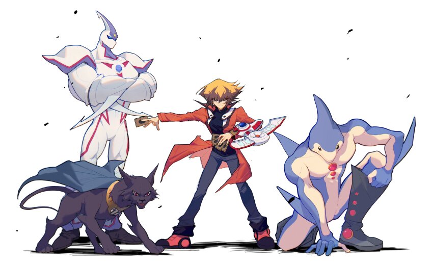 2boys, 4boys, absurdres, black_footwear, black_fur, black_shirt, blue_cape, blue_skin