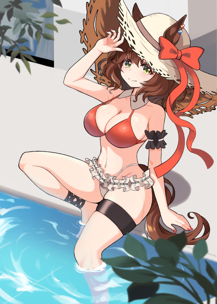 1girl, absurdres, animal_ears, aston_machan_(umamusume), bikini, bow, breasts, brown_hair