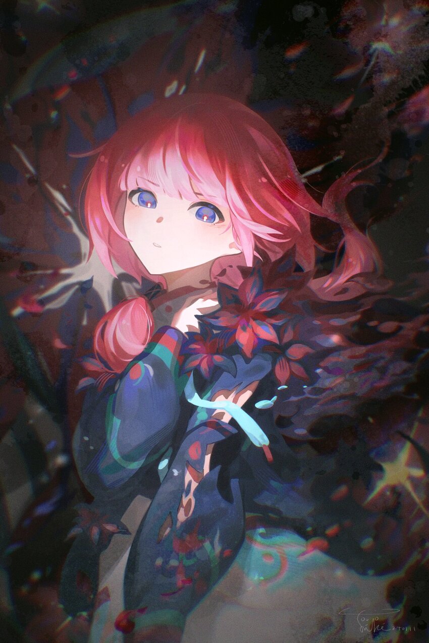 1girl, absurdres, blue_eyes, blue_flower, blue_jacket, blunt_bangs, blurry, blurry_background