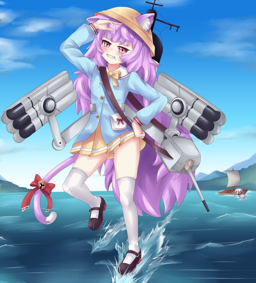 1girl, animal_ear_fluff, animal_ears, azur_lane, bell, black_footwear, blue_sky, bow