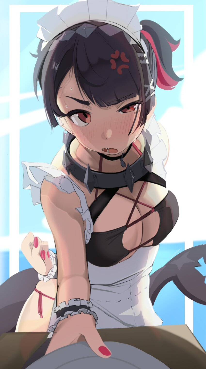 1girl, anger_vein, arm_behind_back, black_dress, black_hair, blush, breasts, colored_inner_hair