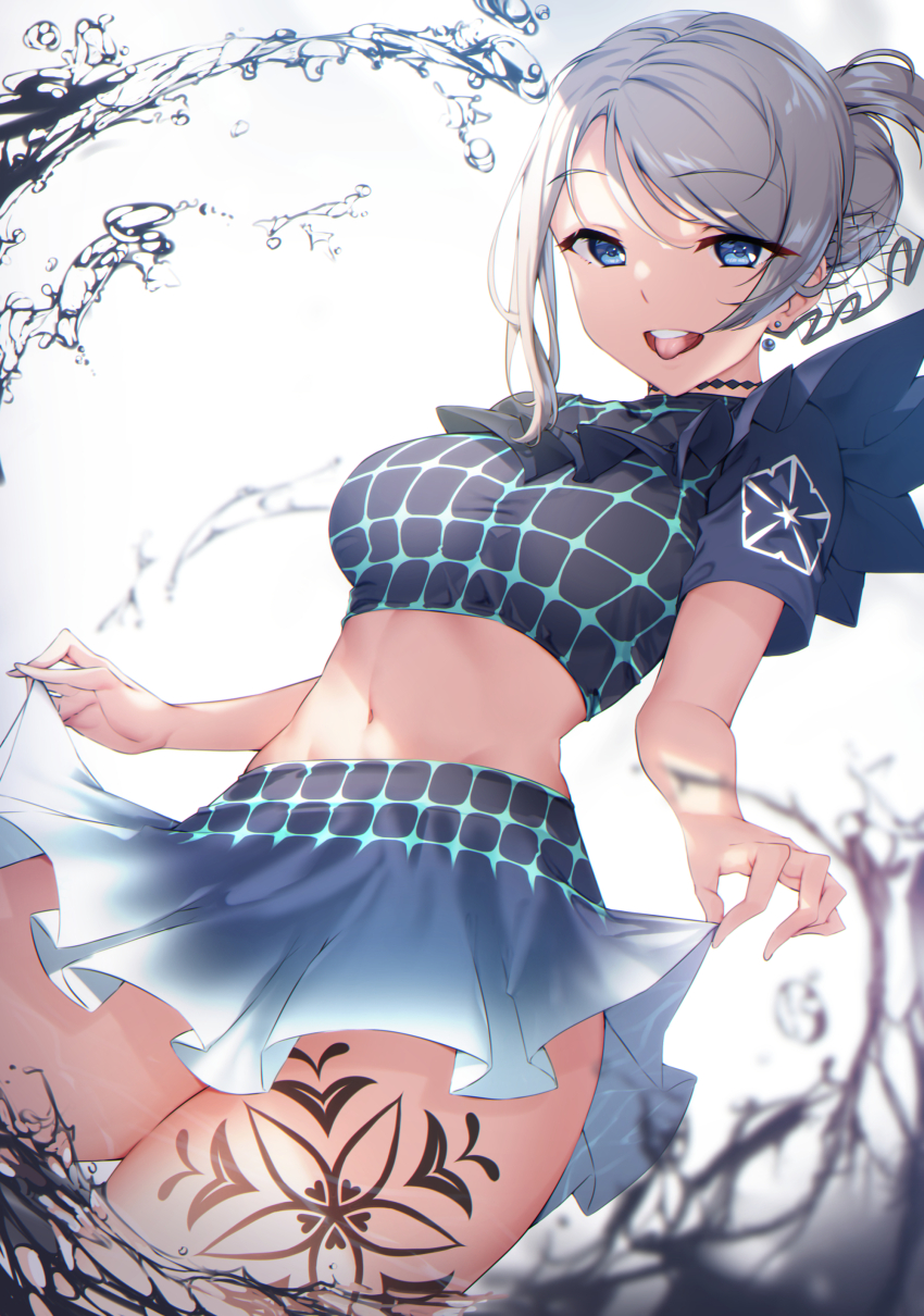 1girl, abs, absurdres, alternate_hairstyle, blue_eyes, brown_hair, choker, clothes_lift