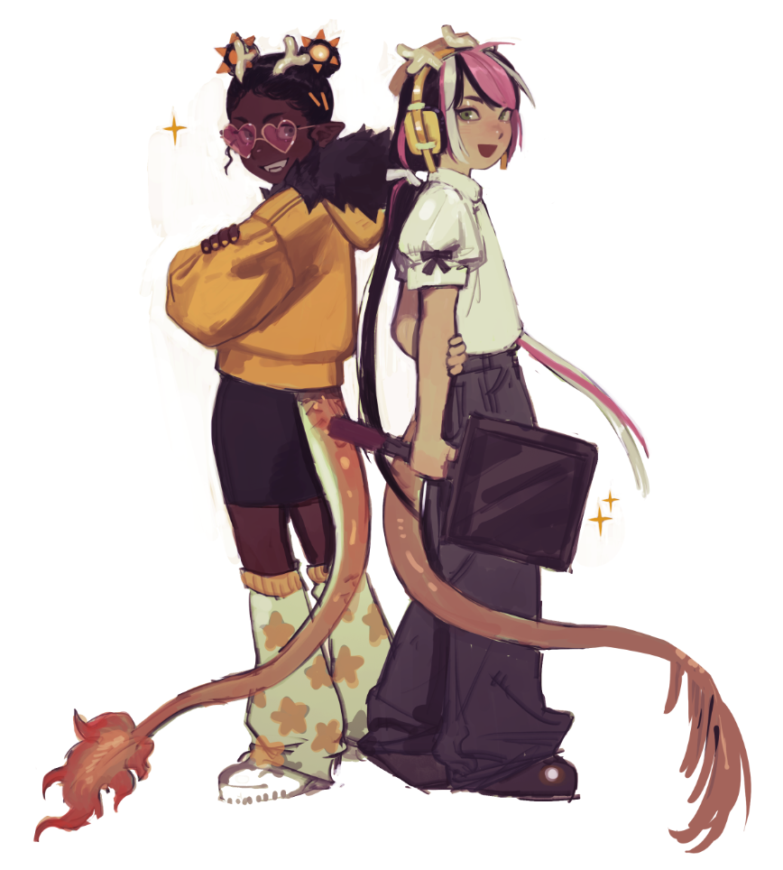 2girls, ama_a93, antlers, black_hair, child, dark-skinned_female, dark_skin, double_bun, dragon_girl, dragon_tail, empanada_(quackity_smp), from_side, frying_pan, full_body, fur_trim, hair_bun, headphones, holding, holding_frying_pan, hood, hood_down, horns, leg_warmers, minecraft_youtube, multiple_girls, personification, pointy_ears, quackity_smp, shoes, standing, sunnysideup_(quackity_smp), tail, white_background, y2k_fashion