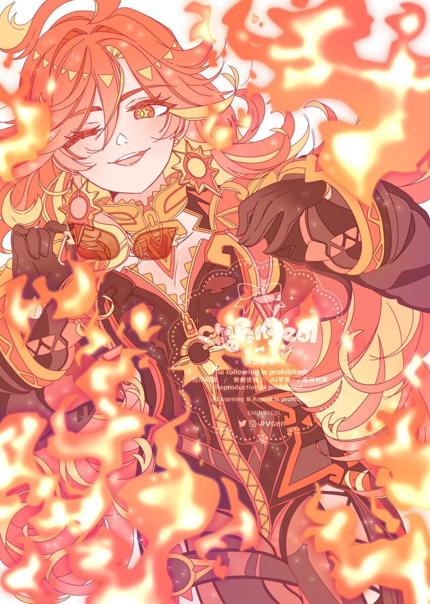 1girl, ;d, ahoge, black_gloves, chunnyeol, cowboy_shot, earrings, fire, genshin_impact, gloves, hair_between_eyes, hair_intakes, highres, holding, holding_removed_eyewear, jewelry, long_sleeves, mavuika_(genshin_impact), one_eye_closed, open_mouth, orange_eyes, orange_hair, smile, solo, standing, sunglasses, unworn_eyewear