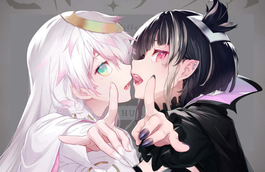 2girls, alva_(snack_nili), black_hair, black_nails, black_vs_white, cybill_(snack_nili), ear_piercing, green_eyes, long_hair, long_sleeves, looking_at_viewer, mole, mole_under_eye, multiple_girls, nail_polish, nilitsu, open_mouth, piercing, portrait, profile, red_eyes, short_hair, sideways_glance, snack_nili, teeth, virtual_youtuber, white_hair, white_nails