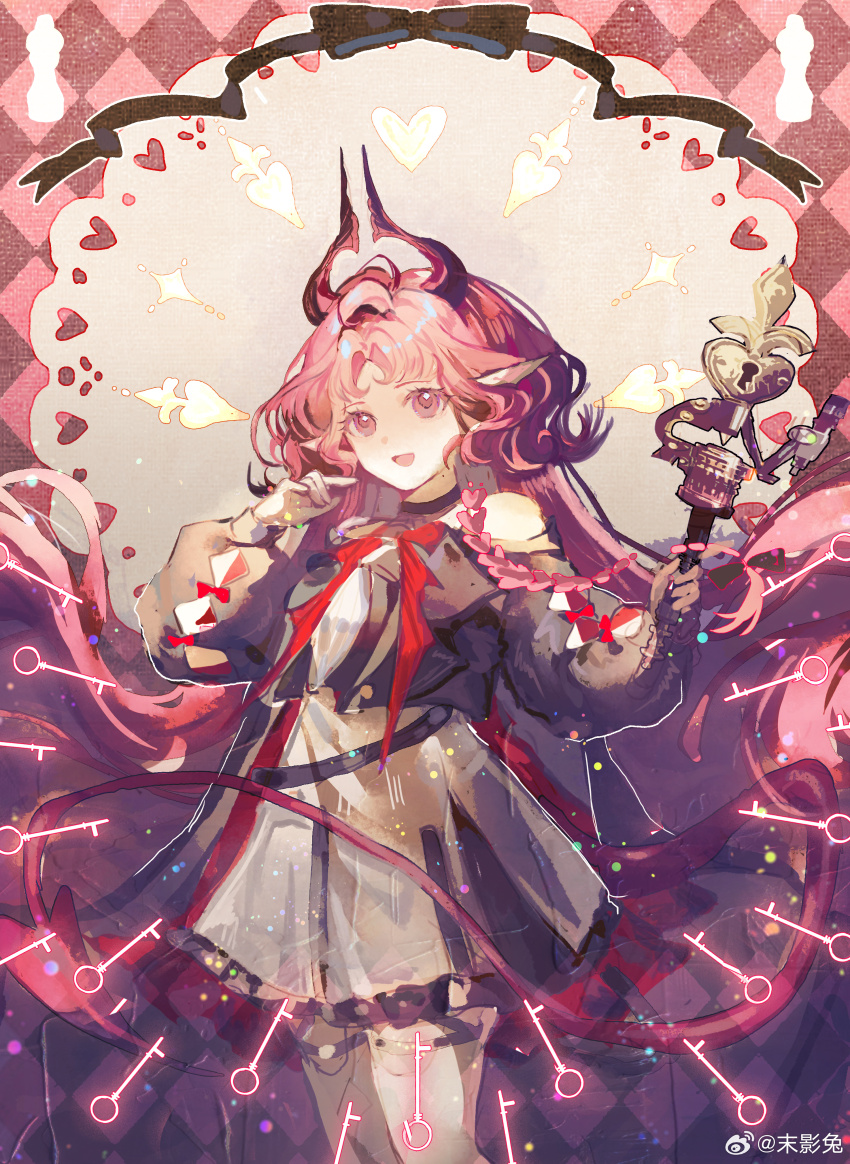 1girl, :d, absurdres, arknights, bare_shoulders, black_jacket, black_ribbon, chinese_commentary