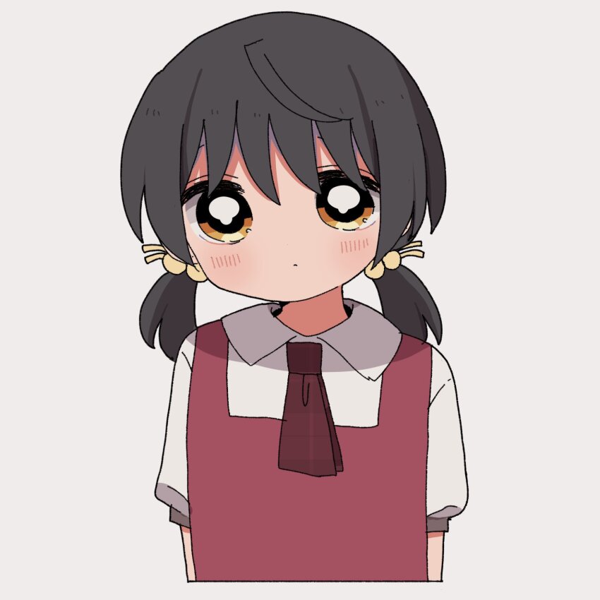 1girl, bad_id, bad_twitter_id, black_hair, brown_eyes, closed_mouth, collared_shirt, cropped_torso, expressionless, grey_background, hair_between_eyes, hair_bobbles, hair_ornament, highres, kaai_yuki, looking_at_viewer, low_twintails, nekokawaii_milk, shirt, short_hair, short_sleeves, simple_background, solo, twintails, upper_body, vocaloid, white_shirt
