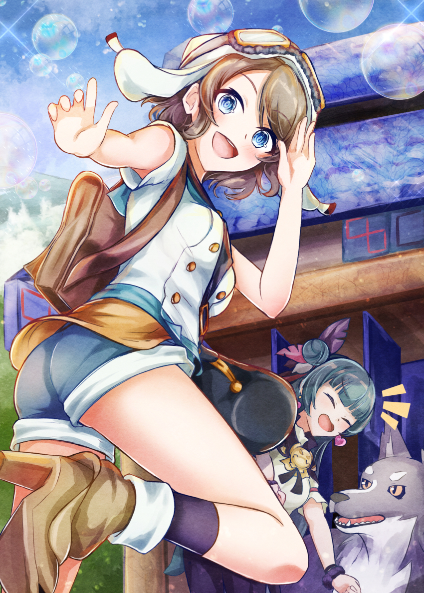 animal, blue_eyes, blush, boots, brown_hair, dog, genjitsu_no_yohane, high_heels, highres, lailaps_(genjitsu_no_yohane), looking_at_viewer, love_live!, love_live!_sunshine!!, multiple_girls, okanda, open_mouth, shorts, thighs, tsushima_yoshiko, watanabe_you, wolf, yohane_(genjitsu_no_yohane), you_(genjitsu_no_yohane)