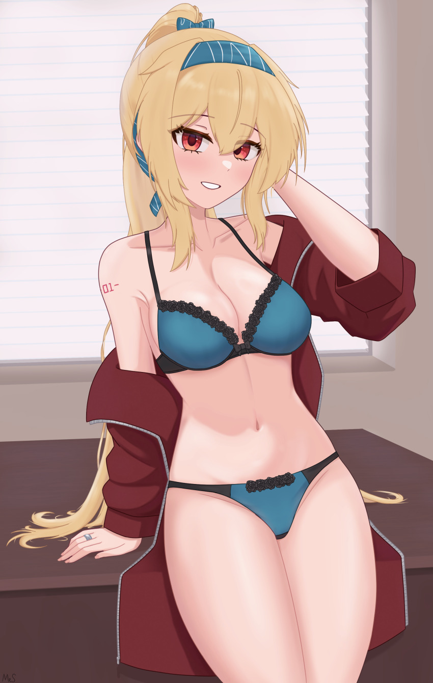 1girl, absurdres, arm_support, arm_tattoo, blue_bow, blue_bra, blue_hairband, blue_panties, bow, bra, breasts, cleavage, collarbone, commentary, cowboy_shot, english_commentary, girls'_frontline, hair_between_eyes, hair_bow, hairband, hand_up, highres, indoors, jacket, jewelry, lace, lace-trimmed_bra, lace-trimmed_panties, lace_trim, looking_at_viewer, mr.something, navel, number_tattoo, off_shoulder, open_clothes, open_jacket, orange_eyes, panties, parted_lips, ponytail, red_jacket, ring, smile, solo, stomach, sv-98_(girls'_frontline), table, tattoo, underwear, wedding_ring, window
