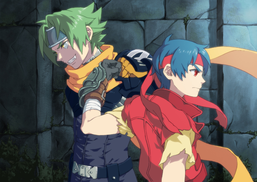 2boys, ahoge, angry, belt, blue_hair, bodysuit, fang, fist_bump