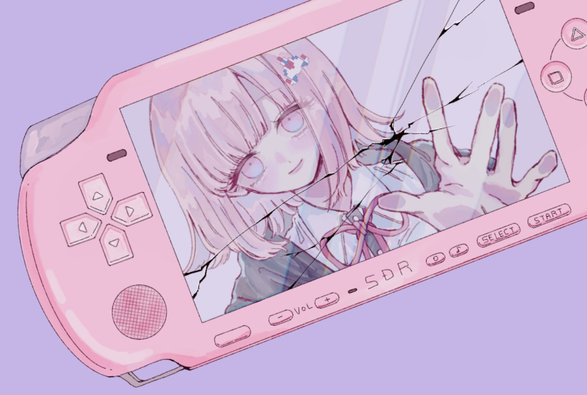 1girl, black_jacket, black_shirt, blunt_bangs, broken_screen, brown_hair, c_(srhtguy), collared_shirt, danganronpa_(series), danganronpa_2:_goodbye_despair, dress_shirt, hair_ornament, hand_up, handheld_game_console, jacket, medium_hair, nanami_chiaki, neck_ribbon, open_clothes, open_jacket, pink_background, pink_eyes, pink_ribbon, playstation_portable, ribbon, shirt, simple_background, smile, white_shirt