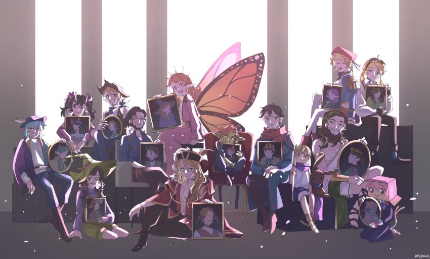 5girls, 6+boys, bard, blue_hair, box_on_head, butterfly_wings, cat_girl, cat_tail