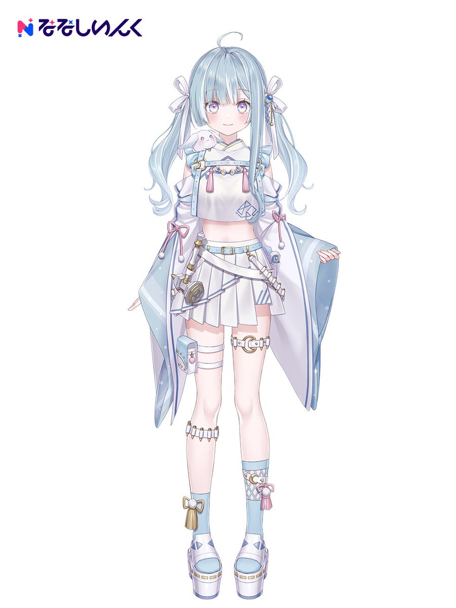 1girl, ahoge, amaui, amaui_(2nd_costume), animal, animal_on_shoulder, artist_request, belt, blue_belt, blue_hair, blue_socks, blunt_bangs, blush, breasts, chest_harness, closed_mouth, clothing_cutout, commentary_request, crescent_o-ring, crop_top, full_body, hair_ribbon, hammer, harness, highres, holster, long_hair, looking_at_viewer, low_twintails, midriff, multicolored_hair, nanashi_inc., o-ring, o-ring_thigh_strap, official_art, pentagram, pink_ribbon, pleated_skirt, purple_eyes, rabbit, ribbon, shirt, shoulder_cutout, simple_background, skirt, sleeve_ribbon, small_breasts, smile, socks, solo, tassel, thigh_holster, thigh_strap, twintails, two-tone_hair, virtual_youtuber, wedge_heels, white_background, white_footwear, white_hair, white_ribbon, white_shirt, white_skirt, wide_sleeves