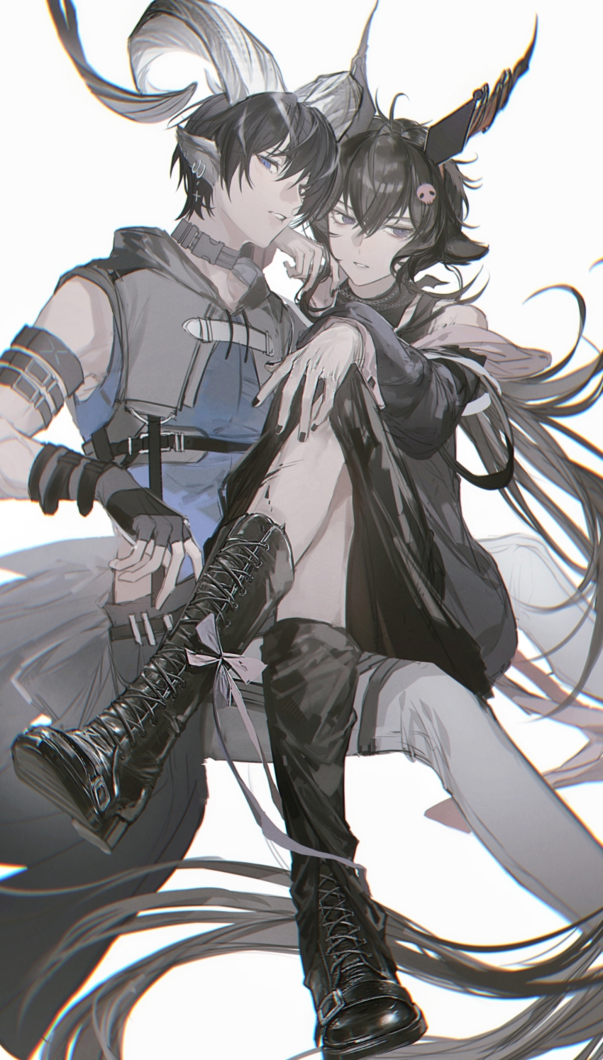 2boys, absurdres, androgynous, animal_ears, arknights, black_footwear, black_hair, blue_eyes