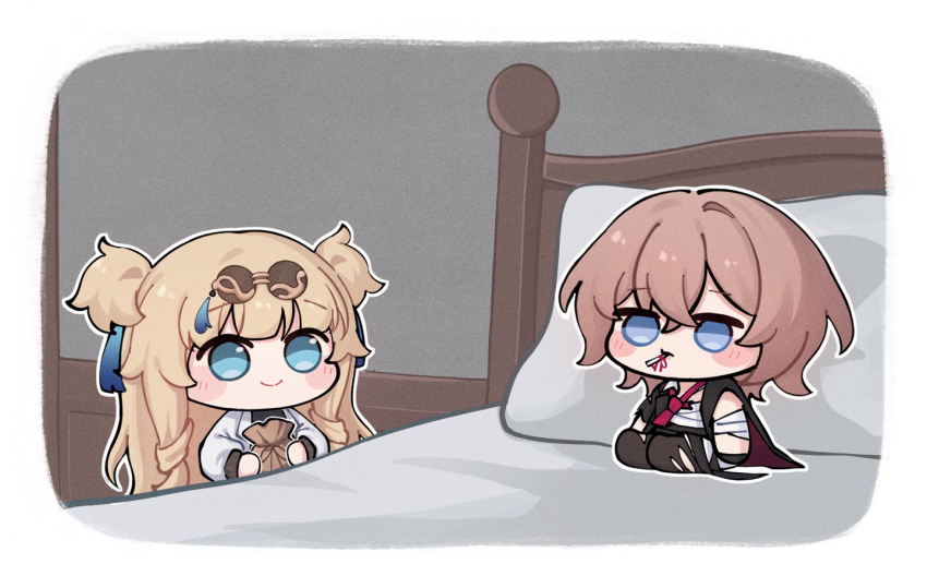 2girls, bandaged_arm, bandages, blonde_hair, blue_eyes, blush_stickers, border, brown_hair