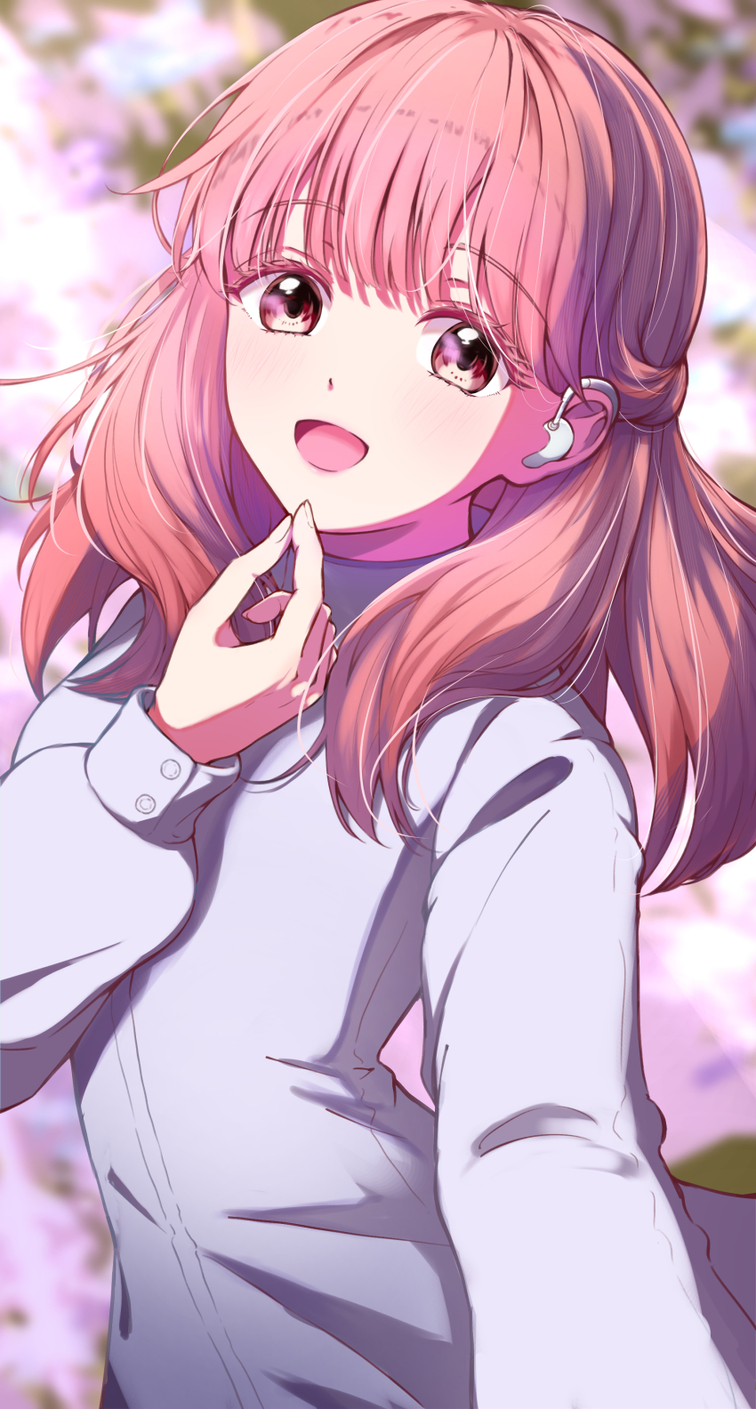 1girl, absurdres, brown_eyes, brown_hair, grey_shirt, hand_up, hearing_aid, highres