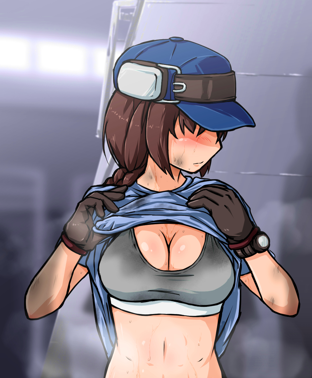 1girl, black_gloves, blue_hat, blue_shirt, blurry, blurry_background, blush, braid