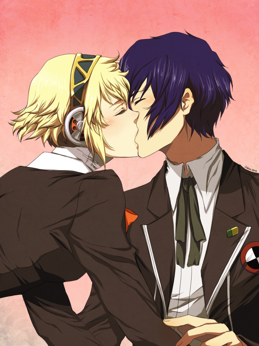 1boy, 1girl, aigis_(persona), android, atlus, blonde_hair, blue_hair, blush, bow, closed_eyes, couple, hatoko-sama, hetero, highres, kiss, persona, persona_3, ribbon, school_uniform, short_hair, yuuki_makoto_(persona_3)